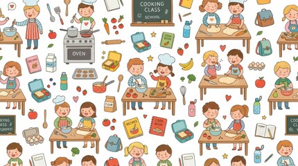 Fototapeta premium Children happily prepare various dishes, chop vegetables, and roll dough in a lively cooking class