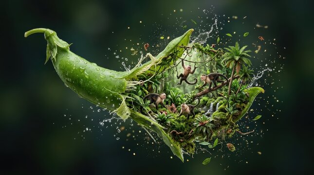 Jungle ecosystem growing inside a fresh green pea pod