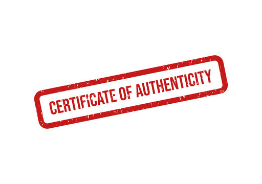 Red certificate of authenticity stamp with bold white text