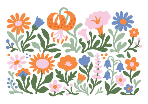 Simple naive flowers set. Collection of summer or spring flora. Stickers plants and flowers, Tiger lily, bluebell. Cute color palette. Set of beautiful bloom in cartoon doodle modern style. Childish.