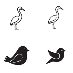 Fototapeta premium Bird Illustration Set with Four Cartoon Flamingo and Seabird Icons in Simple Black Line Art and Filled Silhouettes on a White Background