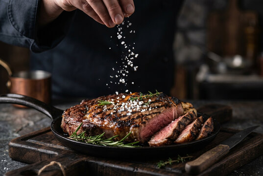 Chef Seasoning Grilled Steak with Sea Salt
