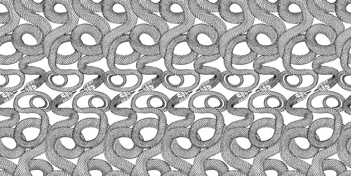 Seamless pattern with black snakes, tropical botanical elements. Boho flat design background featuring serpents, leaves, nature motifs for fabric, textiles, wrapping paper, wallpaper, surface design.
