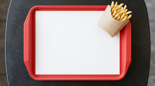 Blank white tray liner paper mockup on a red fast food tray with french fries top view