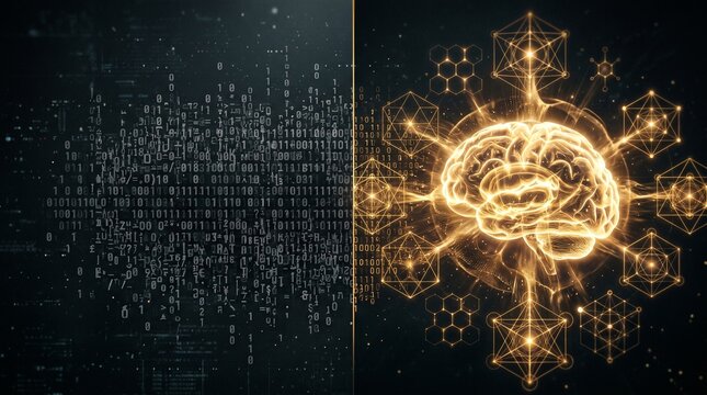 A glowing golden human brain organizing chaotic dark binary code into perfect patterns, illustrating AI synergy and data analytics.