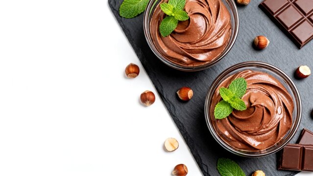 Chocolate mousse in glass bowls with mint