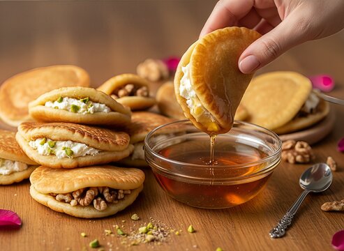 Qatayef Asafiri - Middle Eastern Dessert with Cream and Nuts.