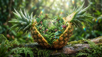 Fototapeta premium Pineapple fruit hollowed out as a miniature tropical jungle ecosystem on a forest log