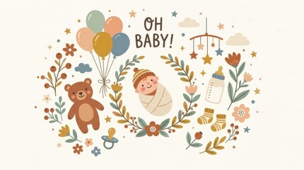 Fototapeta premium A happy baby in a swaddle, along with a teddy bear, pacifier, bottle, socks, and balloons