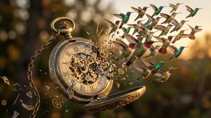 Fototapeta premium Vintage pocket watch transforming into a flock of hummingbirds