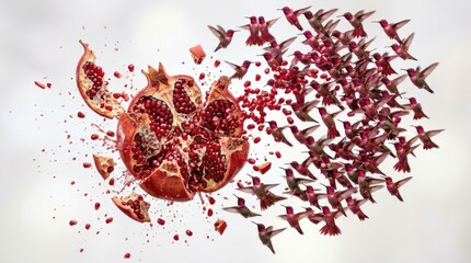 Fototapeta premium Exploding pomegranate fruit transforming into a flock of hummingbirds