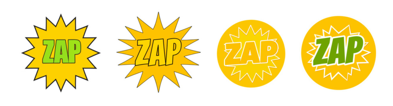 Eye-catching comic style zap badges with explosive shapes and vivid colors, perfect for pop art projects, gaming graphics, promotional designs, stickers, and fun branding.
