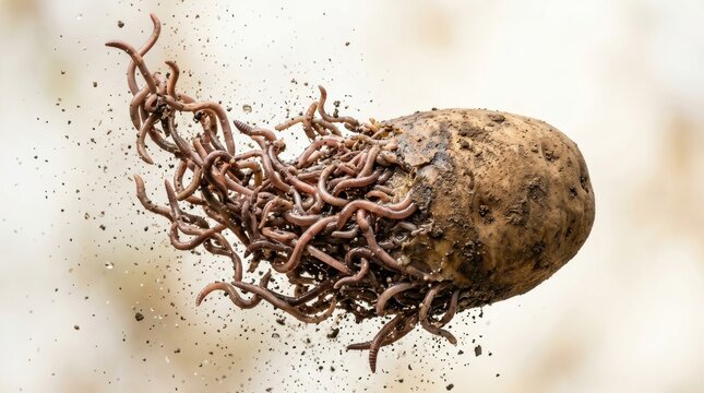 Earthworms crawling on a potato with flying soil particles