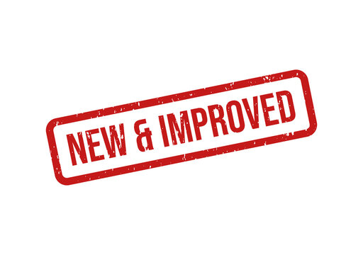 Red new and improved stamp with bold text