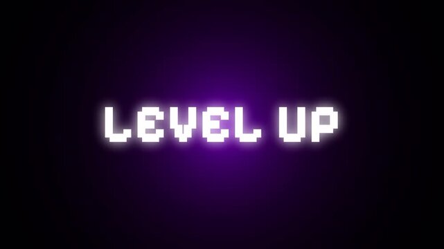 Pixel Level Up Retro Gaming Animation with Glowing Purple Background 4k video animation seamless loop