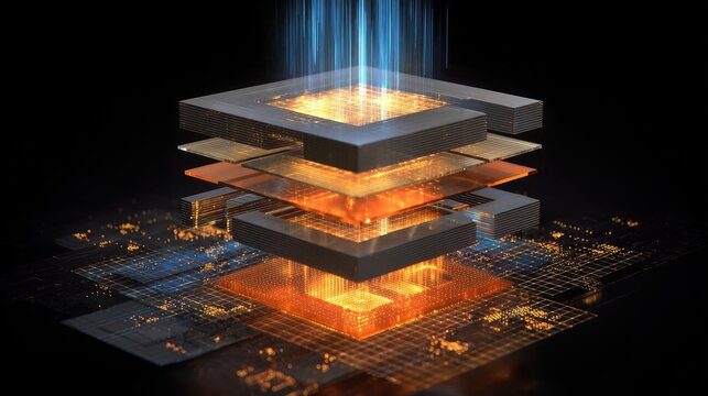 Futuristic layered processor emitting vibrant energy