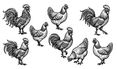 Antique Farm Chicken Illustrations Monochrome Vector Set © Razu