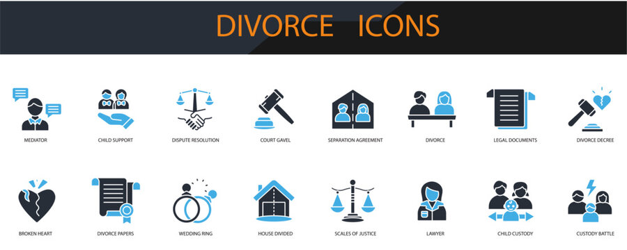 divorce icons set minimalist flat style design, divorce set Vector illustration  on white background