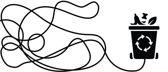 Obraz premium Messy path flows into composting bin icon filled with organic food scraps. Conceptual vector graphic showing difficult process of sorting household trash waste.
