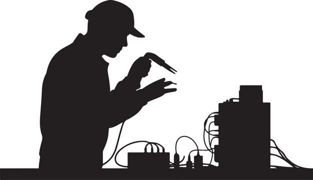 Black silhouette of man in cap working with soldering worker