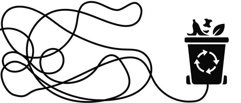 Messy path flows into composting bin icon filled with organic food scraps. Conceptual vector graphic showing difficult process of sorting household trash waste.