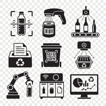 Smart recycling system icons set with barcode scanning plastic bottles sorting bins robotic arms and charts