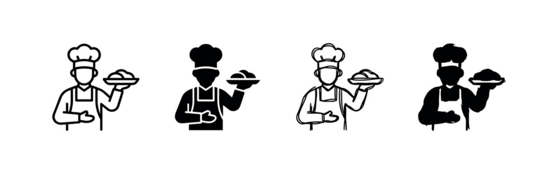 Chef serving food icons, outline and silhouette styles