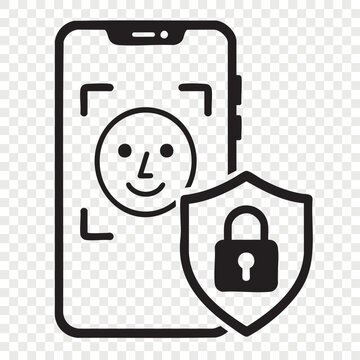 Mobile facial recognition faceid authentication scanner on smartphone screen with cybersecurity lock shield