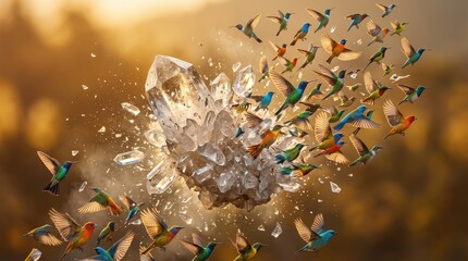 Fototapeta premium Hummingbirds flying around a large glowing crystal cluster