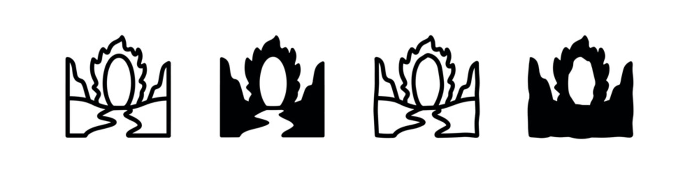 Fantasy portal or gateway icon set, hand-drawn style, black and white variations