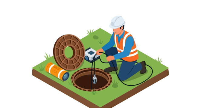 Sewer worker, maintenance technician, inspecting pipe, manhole cover, green terrain, vector illustration