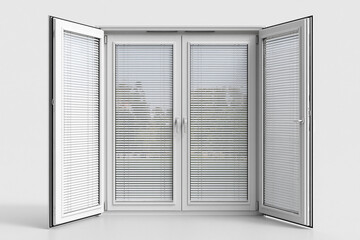 Obraz premium Modern double door window opens to reveal views of the outdoors and nature