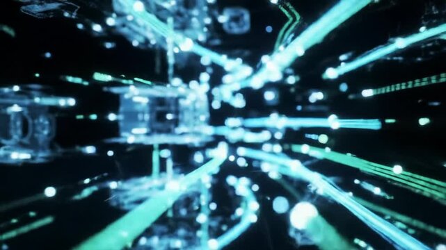 Sleek, futuristic 3D abstract data network model glowing blue/green, rotating on reflective black digital void. Smooth dolly-in reveals intricate internal structure with pulsing nodes and data flow,