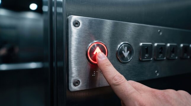 Close up of a finger pressing the up button on an elevator panel.