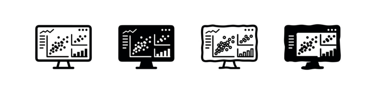Computer Monitor with Data Charts Icon Set, Business Analytics Symbol, Financial Report Graphic