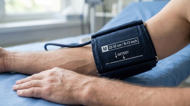 Closeup of a blood pressure cuff on a patients arm during a medical checkup.