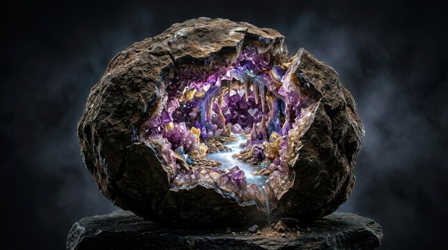 Amethyst geode with glowing crystal cave interior