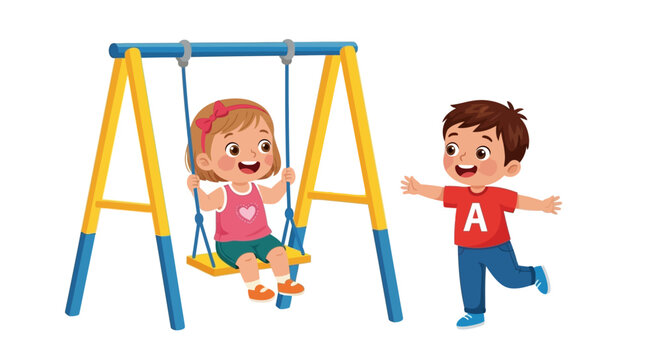 Colorful playground scene, kids playing on swing set, children outdoor fun, playful kids illustration, vibrant cartoon characters