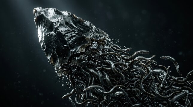 Obsidian arrowhead moving through a swarm of dark eels in water