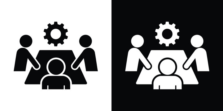 Business workflow and setup vector icon with corporate staff gathered around a boardroom table.