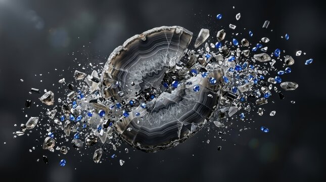 Exploding agate geode with scattered sapphire and crystal fragments