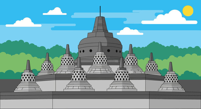 A simplified illustration of a grand ancient Buddhist temple complex with multiple stupas under a clear blue sky and green hills.