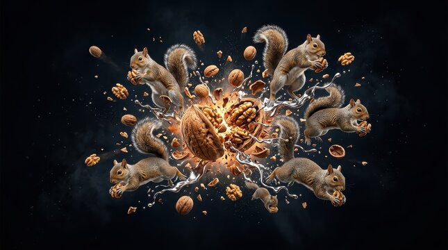 Squirrels with Cracking Walnuts and Water Splashes