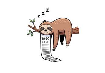 Fototapeta premium Cute lazy sloth sleeping on a tree branch with a long to-do list, funny procrastination and laziness concept vector illustration