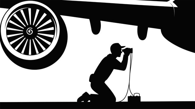Mechanic inspecting airplane engine jet turbine with binoculars kneeling down on white background silhouette