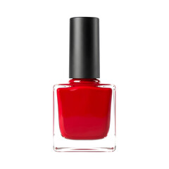 Obraz premium Red nail polish bottle with black cap isolated on transparent background PNG for beauty product concept