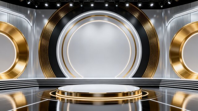 Modern stage with golden circular accents