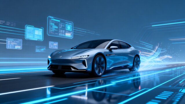 Futuristic electric car in digital environment