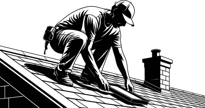 Roofer in Silhouette Working on a Shingled Roof with Chimney and Tool Belt roofing construction