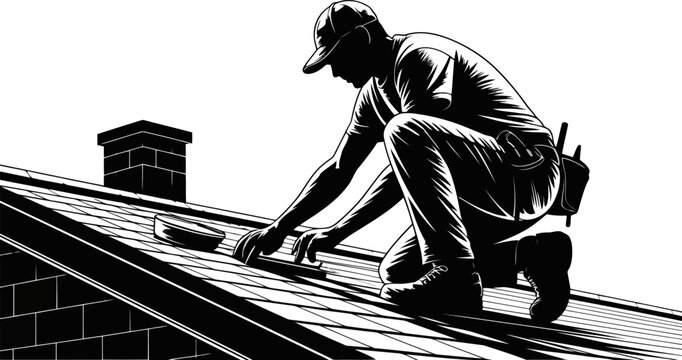 Roofer in silhouette wearing a cap and tool belt working on a shingled roof with a chimney in the background, black